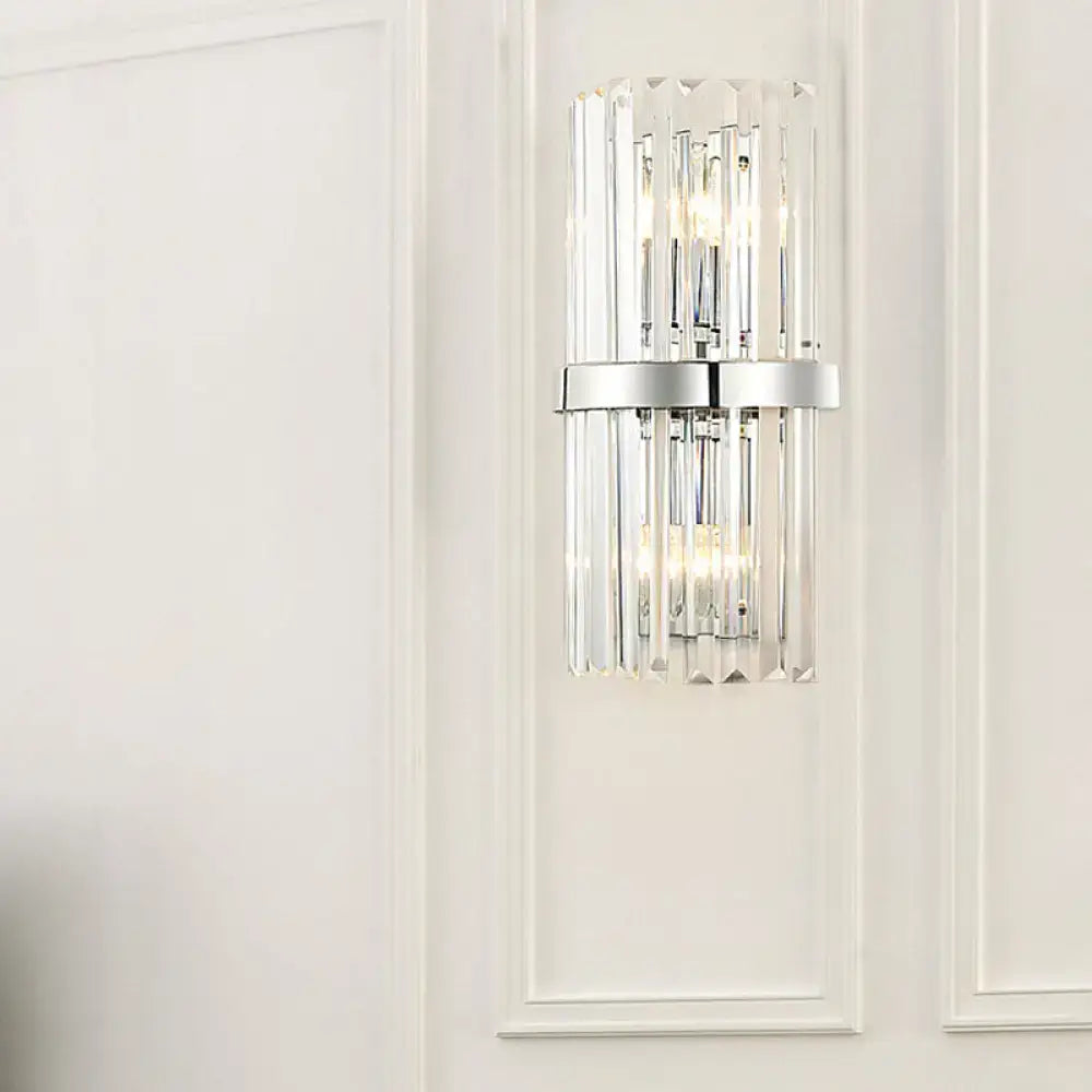 Modern chrome clear crystal cylinder wall sconce bedroom light