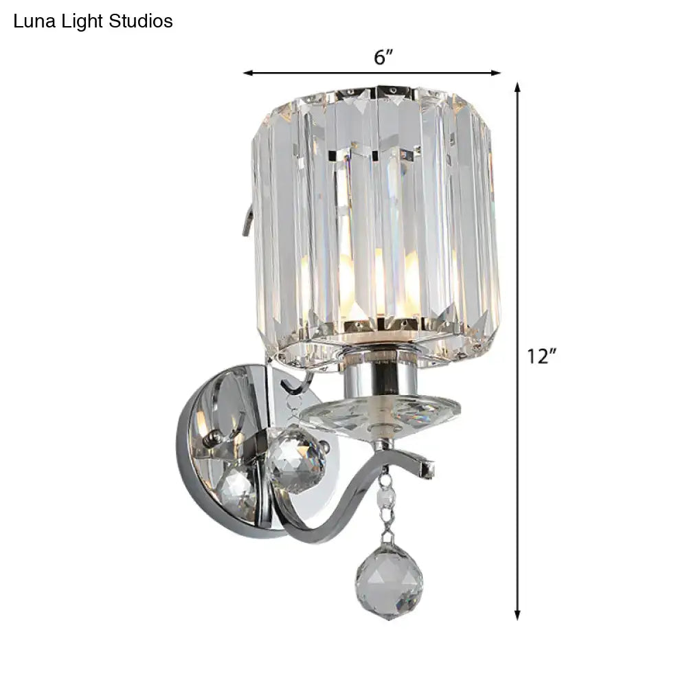 Modern chrome cylinder clear crystal wall light fixture bedroom