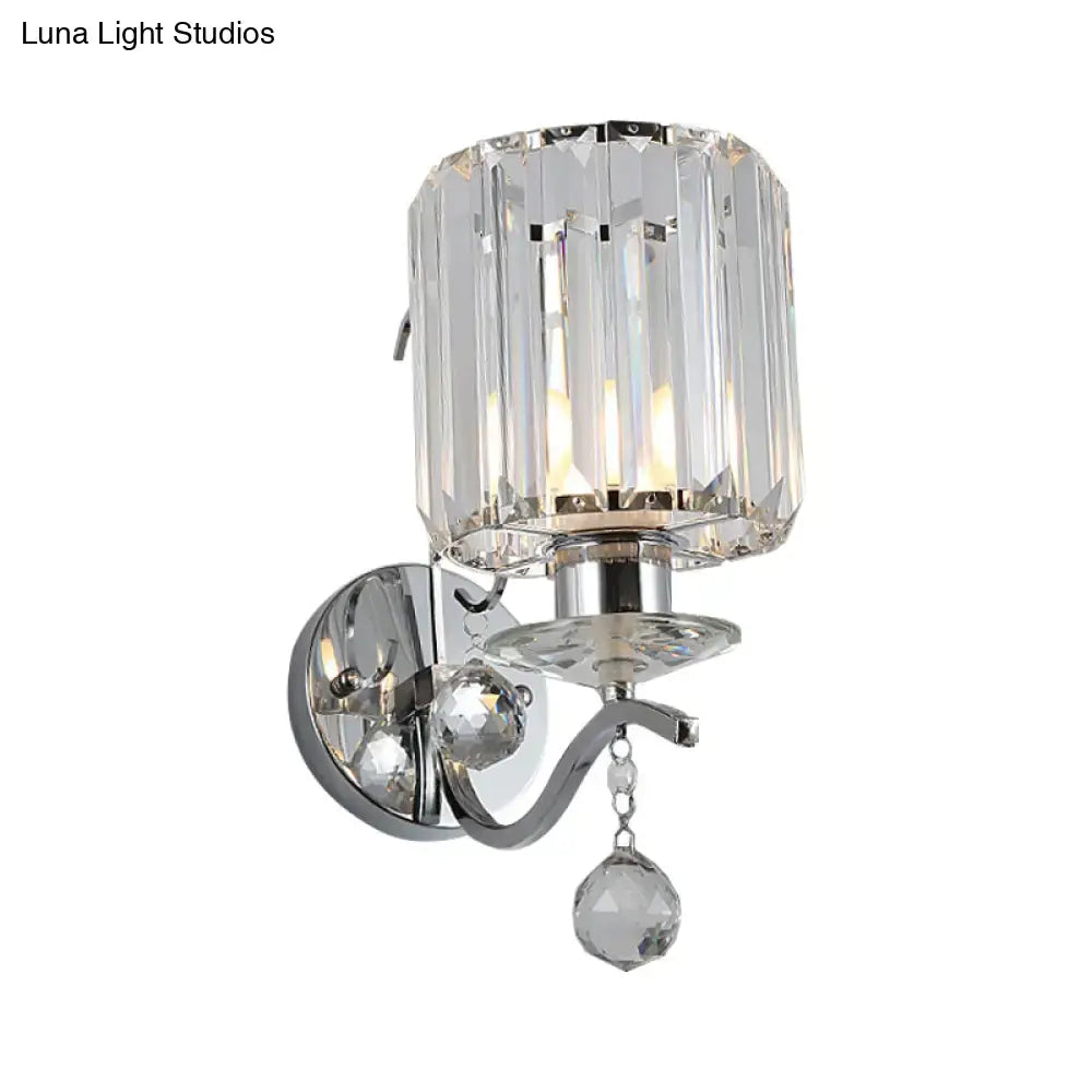 Modern chrome cylinder clear crystal wall light fixture bedroom