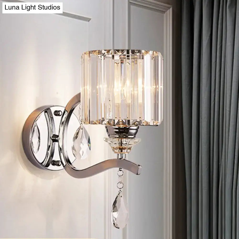 Modern chrome cylinder wall light with crystal block bedroom sconce
