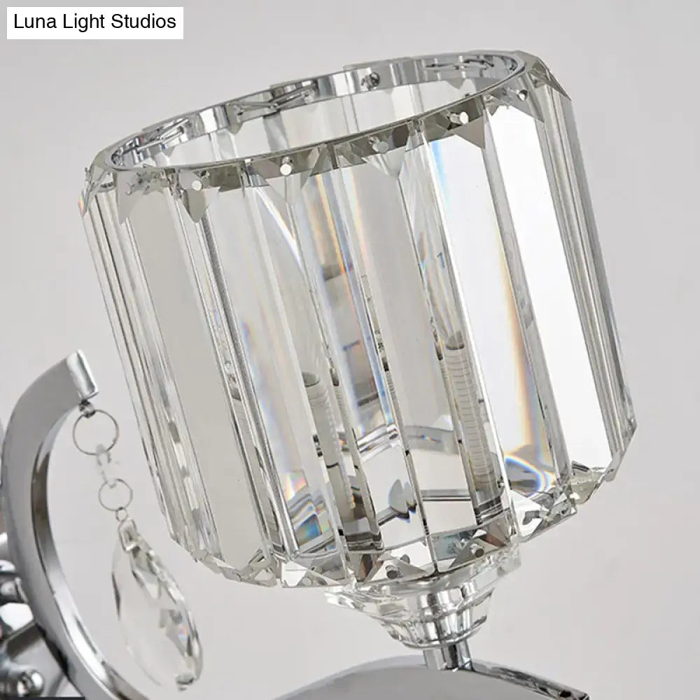 Modern chrome cylinder wall light with crystal block bedroom sconce