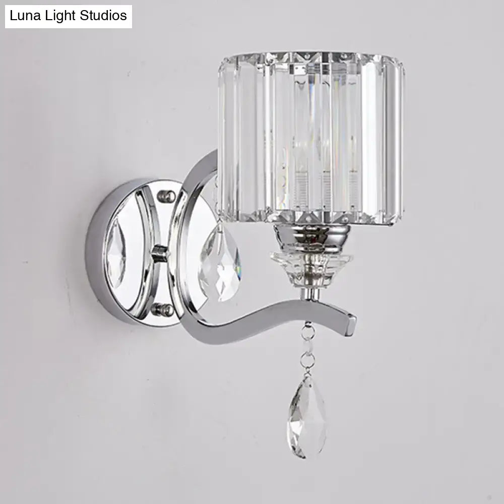 Modern chrome cylinder wall light with crystal block bedroom sconce