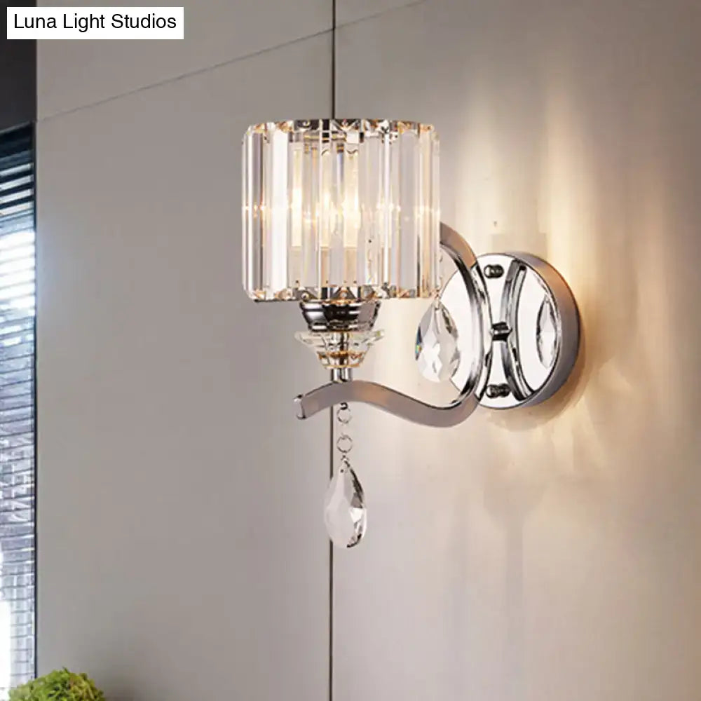 Modern chrome cylinder wall light with crystal block bedroom sconce
