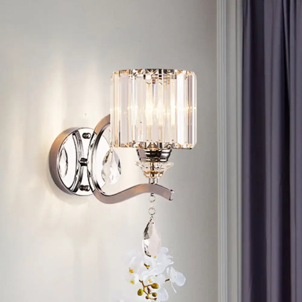 Modern chrome cylinder wall light with crystal block bedroom sconce