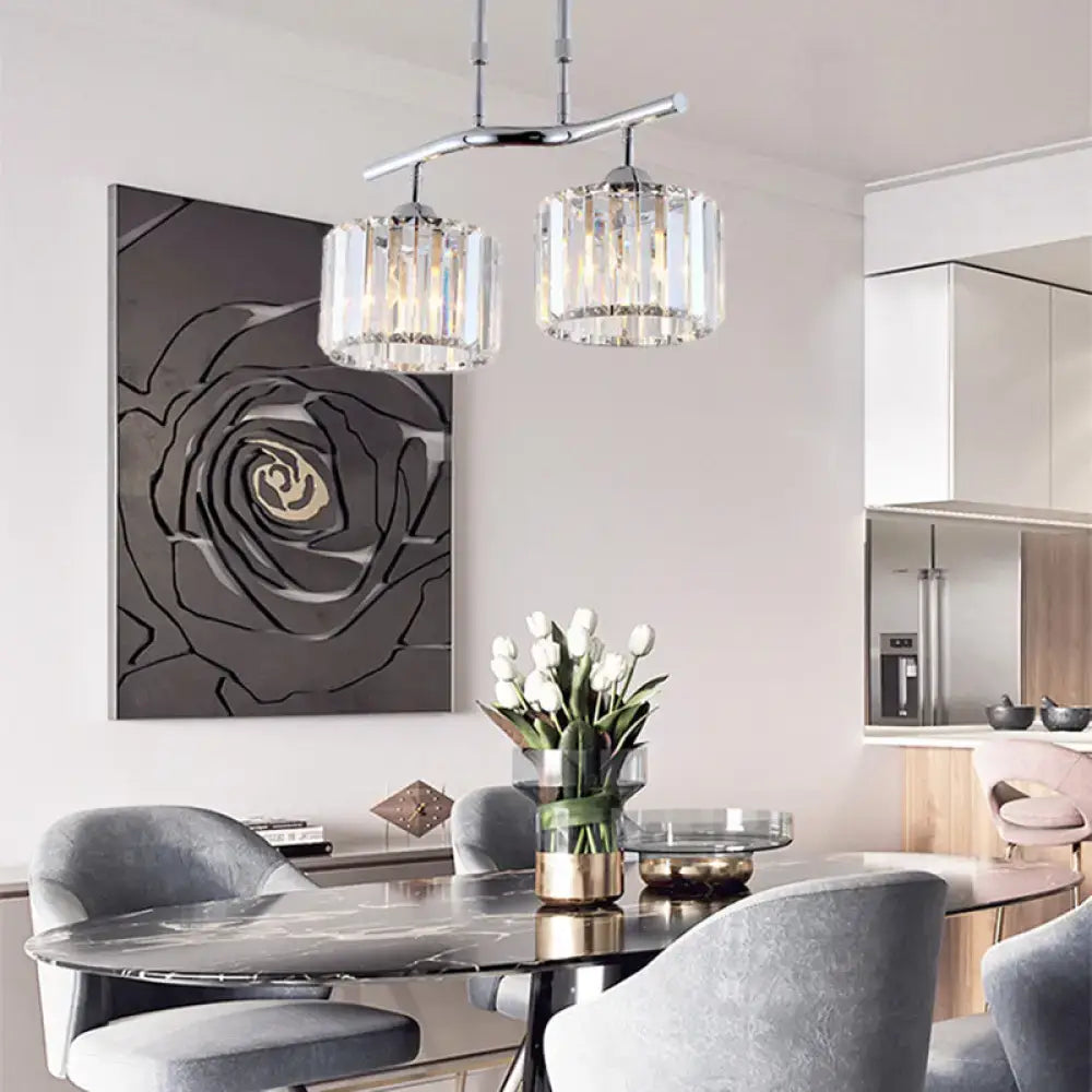 Modern chrome drum crystal pendant light for dining room