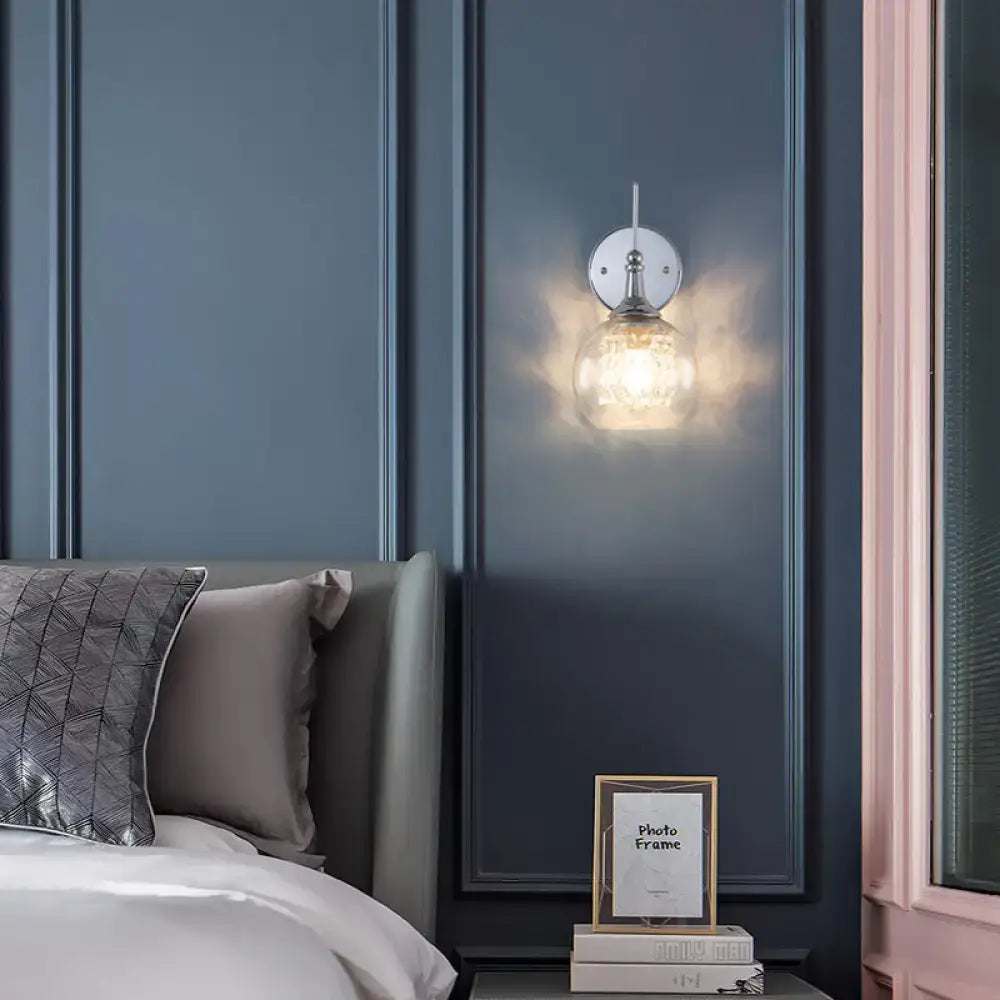 Modern chrome finish wall lamp with crystal inner glass bedroom light