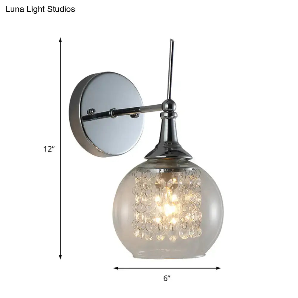 Chandelier-style wall lamp with modern chrome finish spherical glass shade and crystal accents for bedroom light