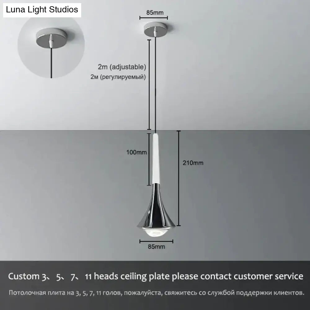 Modern chrome-finished led water drop chandelier pendant light with sleek tapered design and white cylindrical stem