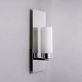 Modern chrome opal glass tube wall light with sleek rectangular backplate and frosted white opal glass shade for bedroom