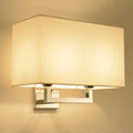 Modern chrome rectangular fabric wall sconce with cream shade and polished metal frame for 110v-120v or 220v-240v light type