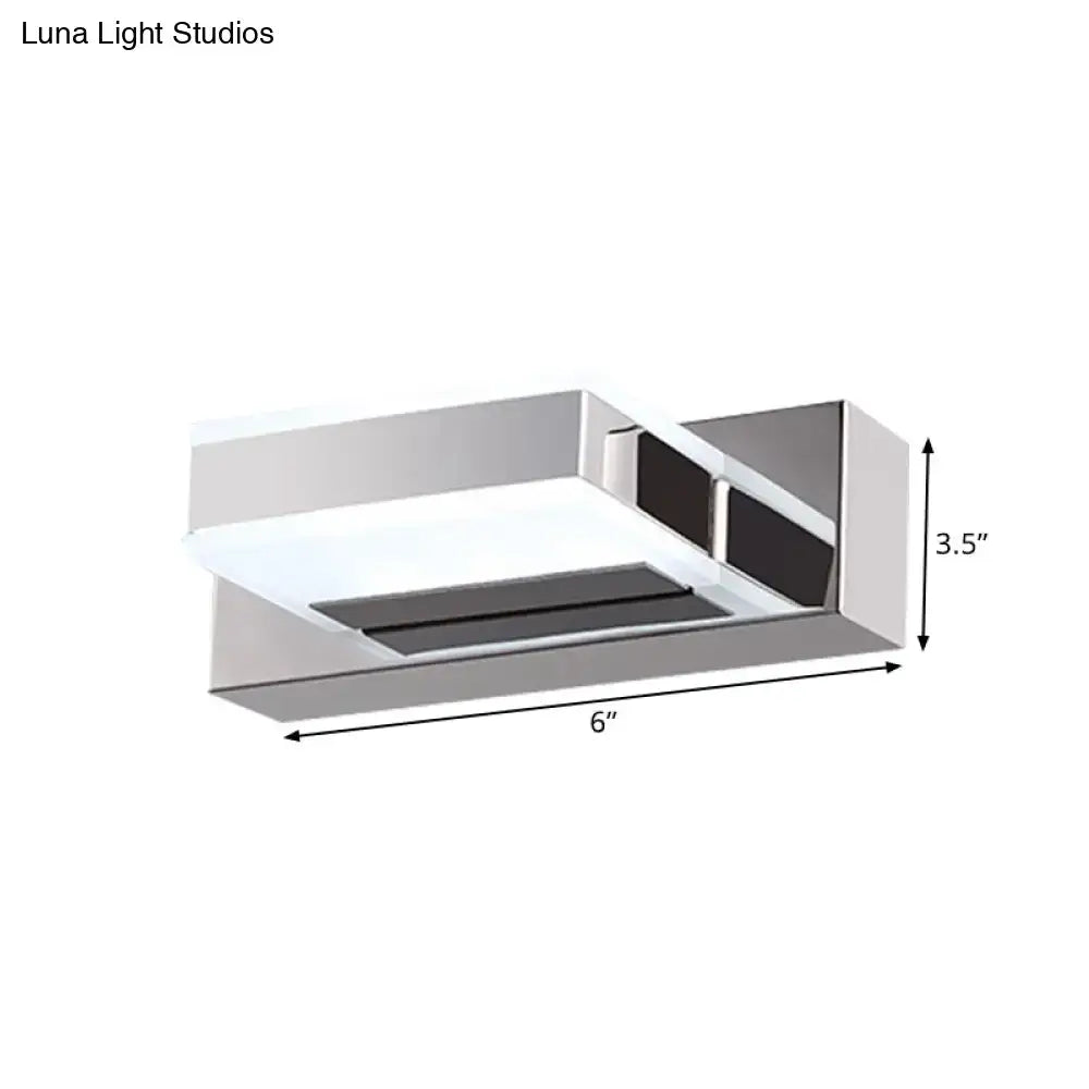 Modern chrome square acrylic vanity light fixture with sleek silver frame frosted glass panels focusing on fixture height