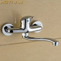 Modern chrome wall mounted kitchen tap with curved spout