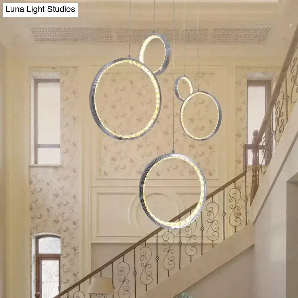 Modern chrome-finished decorbites™ circle led crystal pendant lamp with embedded led rings for dining rooms and corridors