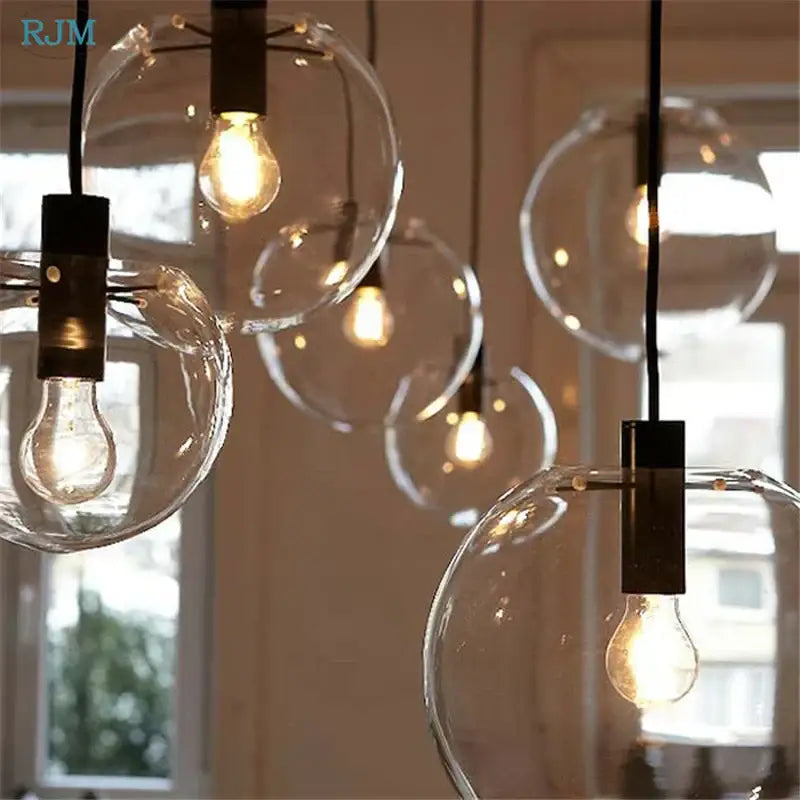 Modern clear bubble glass ball pendant light kitchen black metal fixtures