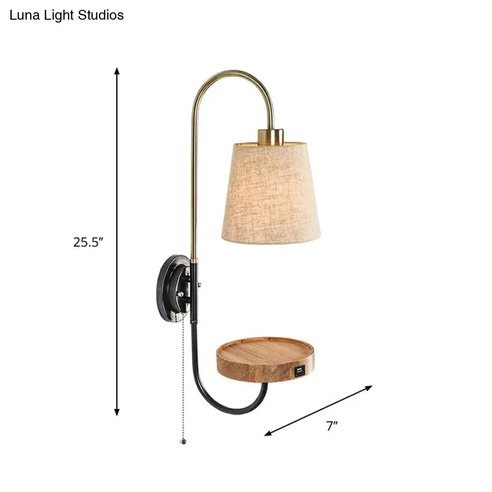 Modern conical fabric wall mount lamp with wood shelf bedroom light