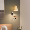 Modern conical fabric wall mount lamp with wood shelf bedroom light