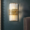 Gold-toned modern crystal wall light with vertical prisms and filigree band ideal as a study room wall lamp 220v-240v 110v-120v