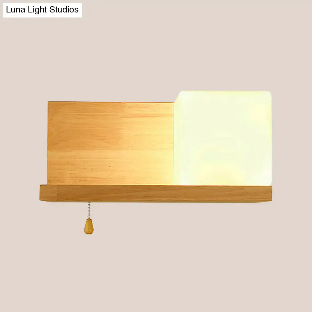 Modern cubic wall sconce light with beige wood for bedroom