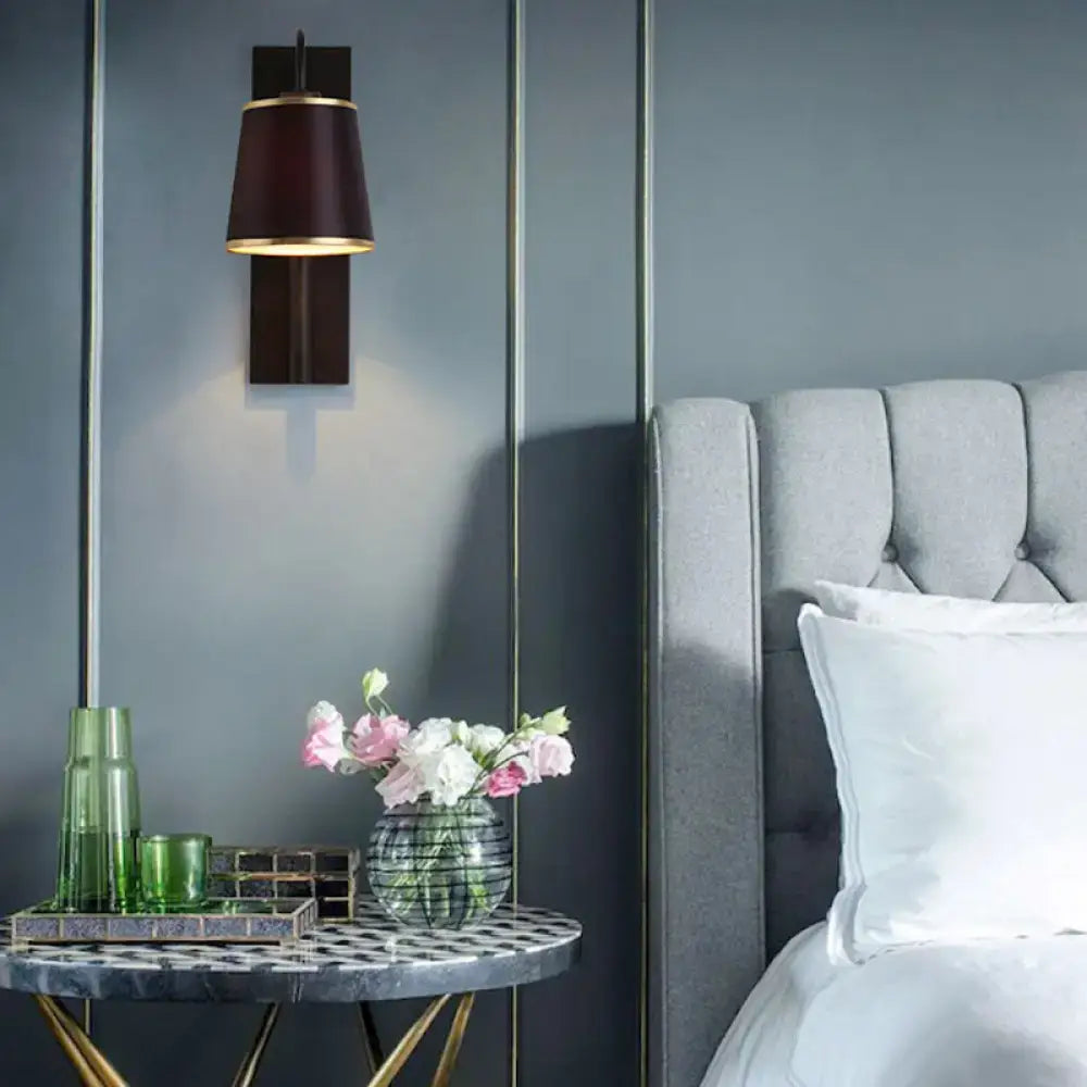 Modern dark brown & gold conical shade wall lamp living room sconce
