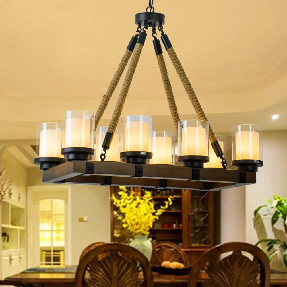 Modern dark wood island chandelier with white glass shade dining room