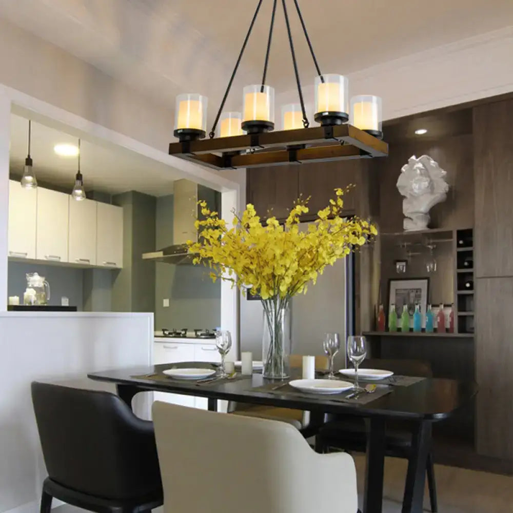 Modern dark wood island chandelier with white glass shade dining room