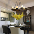 Modern dark wood island chandelier with white glass shade dining room