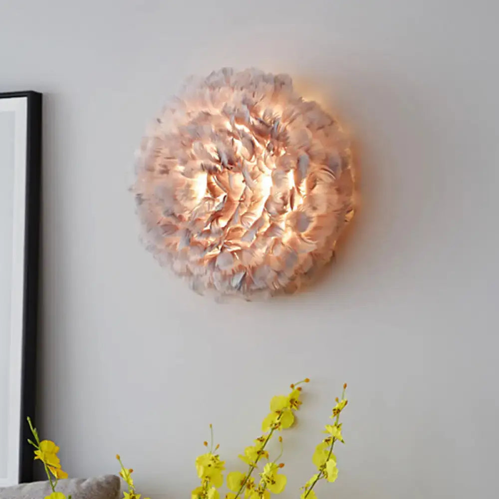 Modern feather material wall light grey & white bedroom sconce