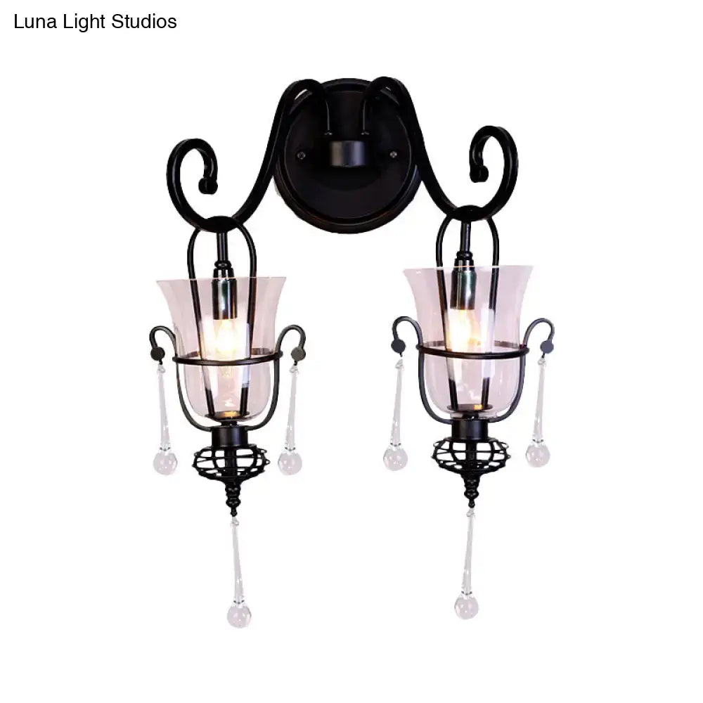 Modern flared black metal wall lamp with crystals bedroom sconce