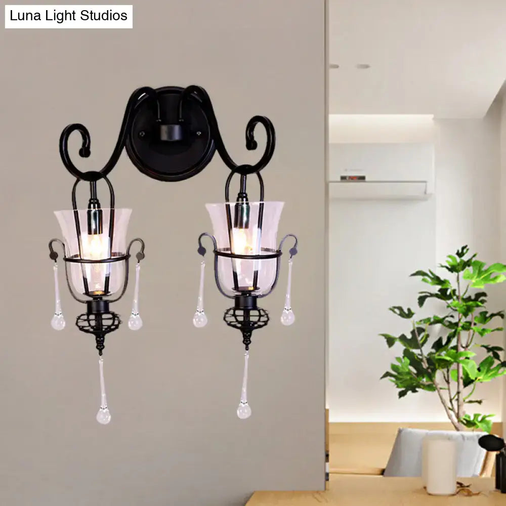 Modern flared black metal wall lamp with crystals bedroom sconce