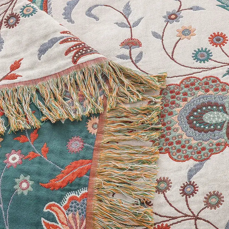 Modern floral teal & cream cooling cotton blanket bedroom throw
