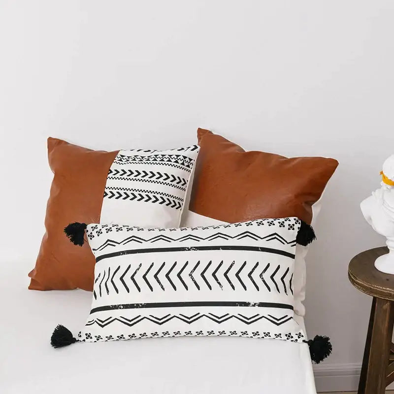 Modern geometric white & black cushion cover living room with tassels