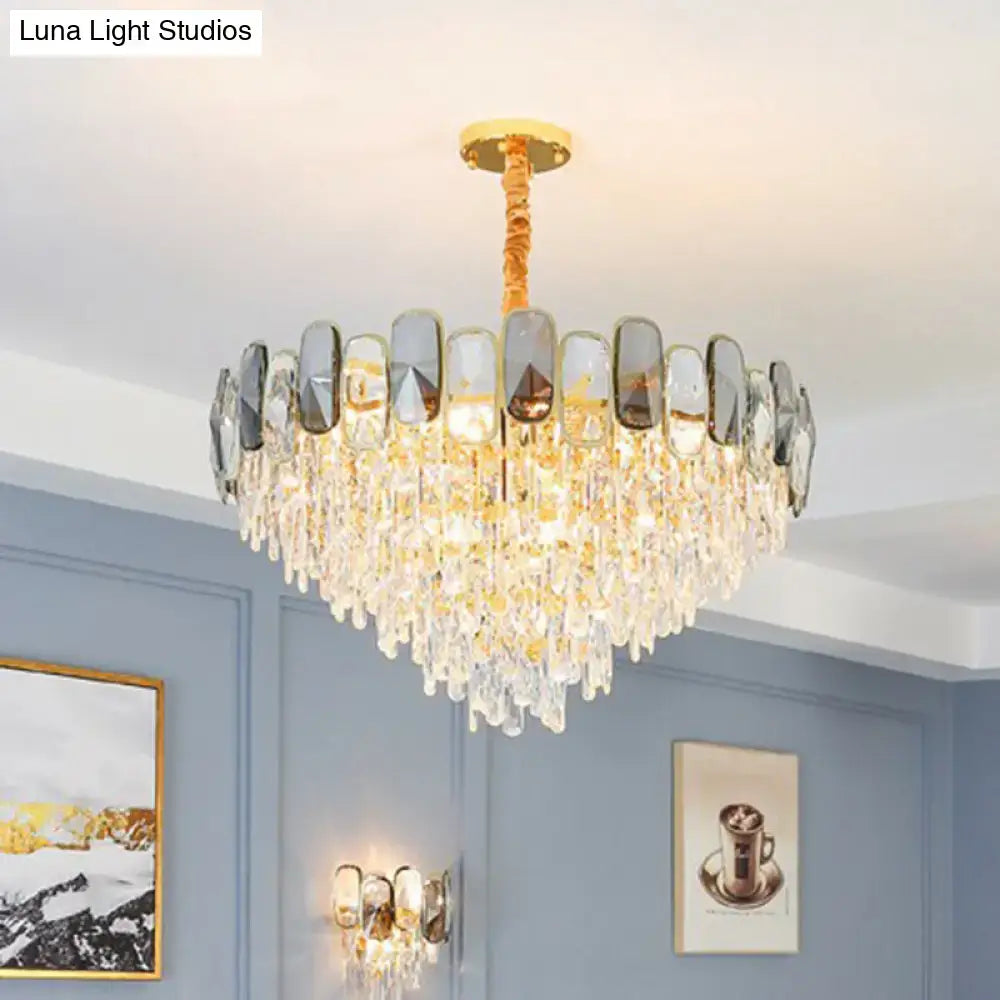 DecorBites™ modern crystal cone chandelier with gold tones clear crystal droplets and silver-gray accents for living room lighting