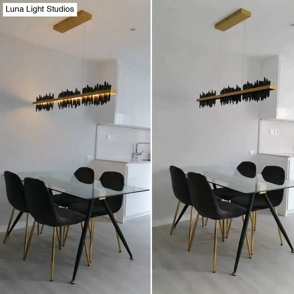 Modern black and gold linear led chandelier lighting with wooden ceiling mount for dining room by DecorBites™ Irene Iceberg Design