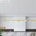 Gold-toned decorbites modern linear chandelier with cylindrical bulbs and rotatable shades in warm white light