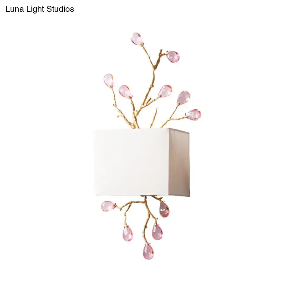 Modern gold branch wall sconce bedroom light with pink crystal accent