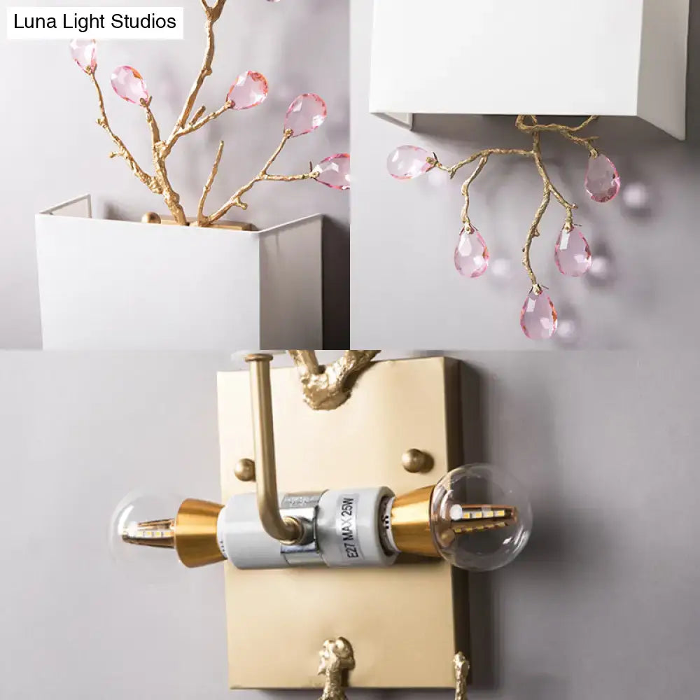 Modern gold branch wall sconce bedroom light with pink crystal accent