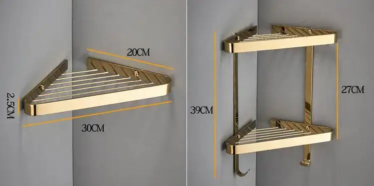 Modern gold brass bathroom shower rack with hooks – bathroom shelf