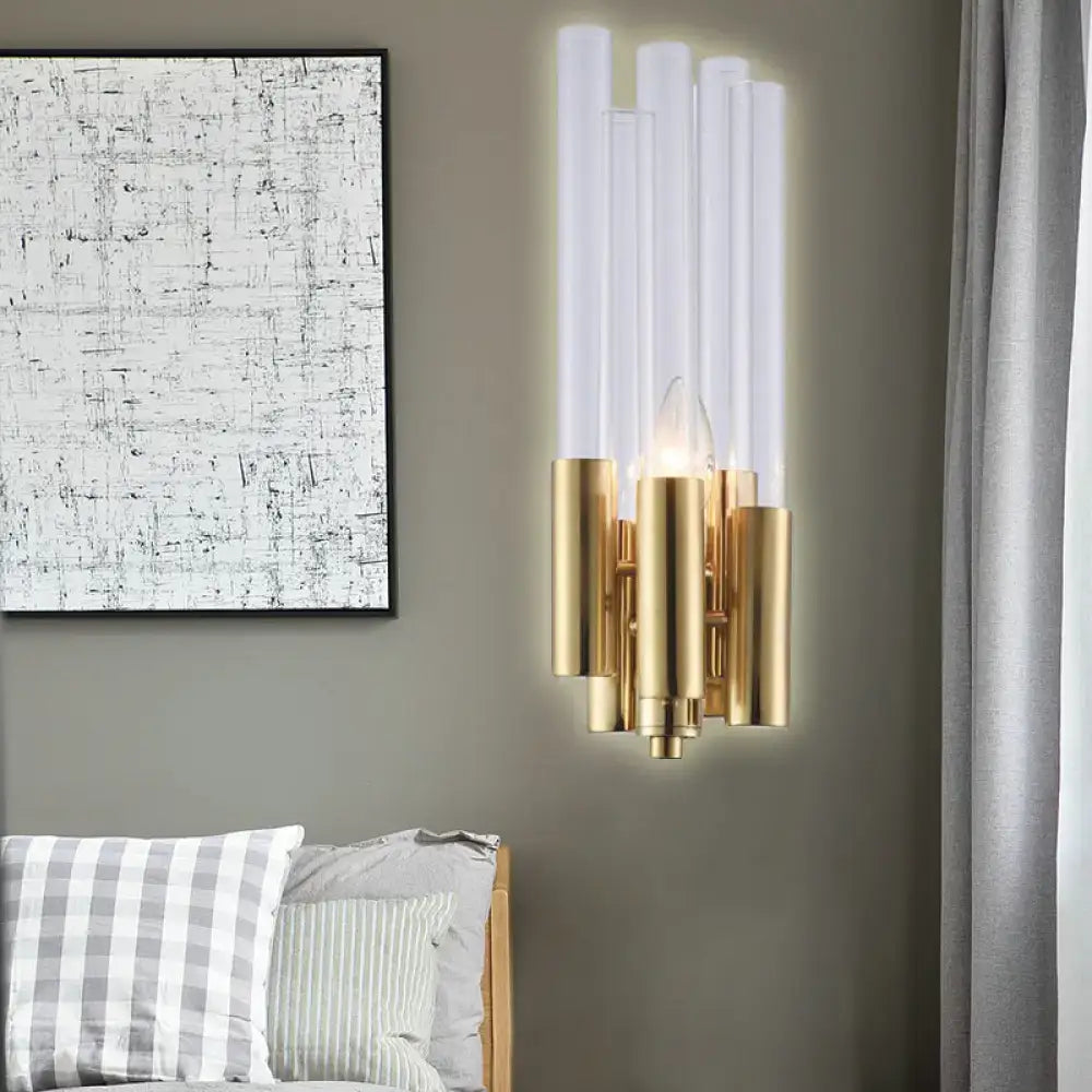 Modern gold candelabra sconce with flute crystal shade bedroom light