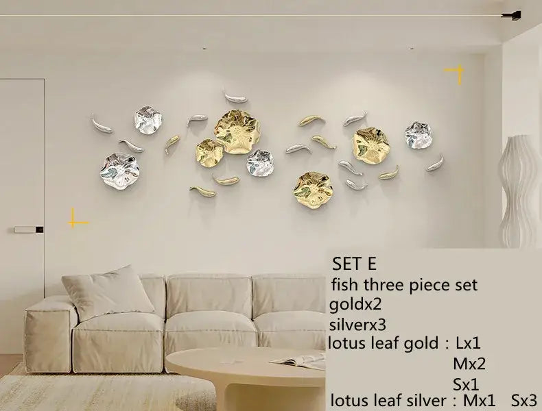 Modern gold carp fish lotus leaf wall pendant living room decor