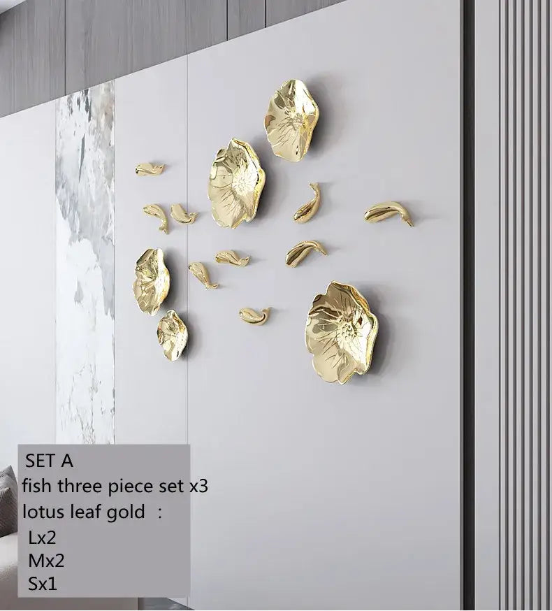 Modern gold carp fish lotus leaf wall pendant living room decor