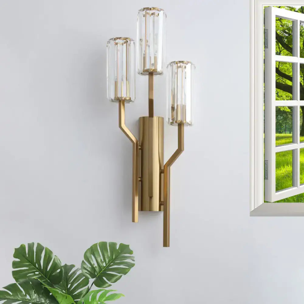 Modern gold crooked arm wall lamp – living room crystal sconce