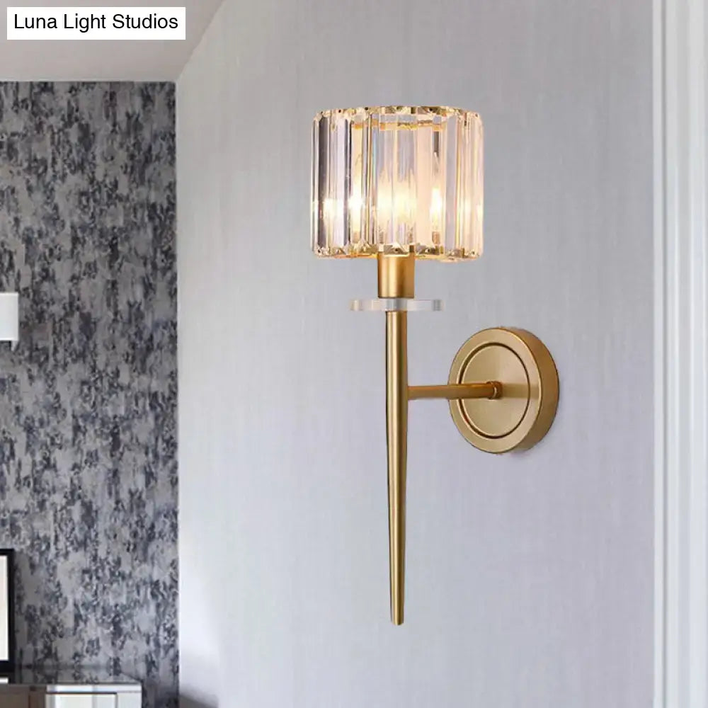 Modern gold crystal block wall sconce with iron pencil arm bedroom light