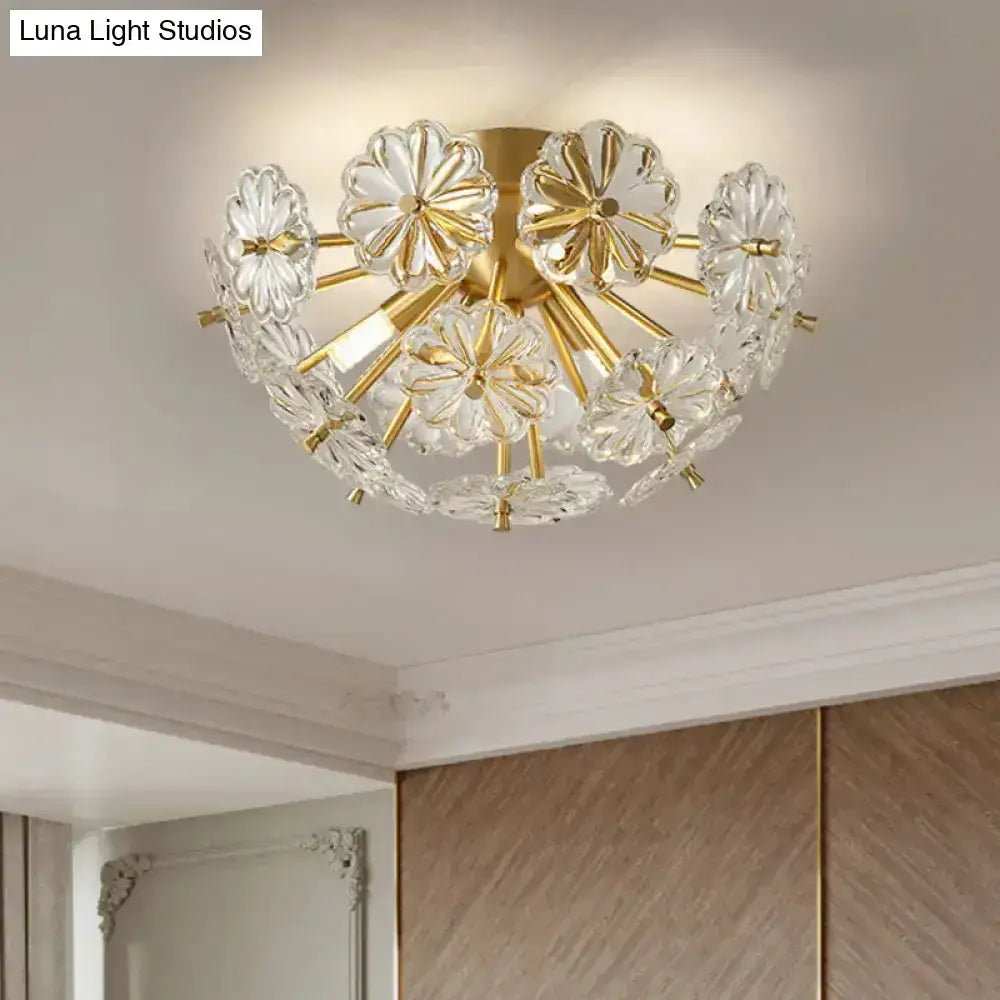 Gold-toned DecorBites™ crystal bouquet ceiling lamp with clear flower-shaped crystals and fixture height for bedroom lighting
