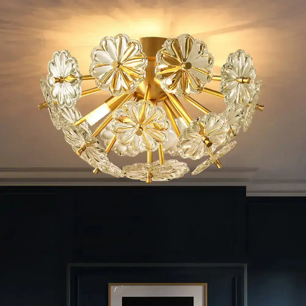 Modern gold crystal bouquet semi flush mount – bedroom ceiling light