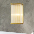 Modern gold crystal cuboid wall sconce light with gold frame and vertical frosted glass panels direct wired electric