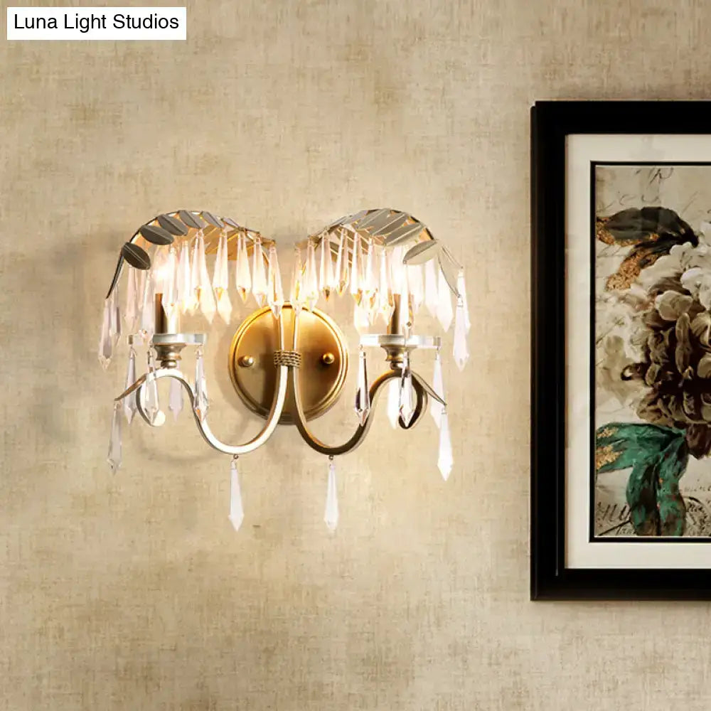 Modern gold crystal leaf wall sconce light – bedroom bent arm
