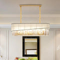 Elegant modern gold crystal pendant light fixture with clear droplets and white fabric shade for 220v-240v use