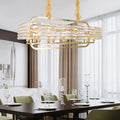 DecorBites modern gold crystal pendant light fixture with rectangular tiers and exposed bulbs for living room lighting