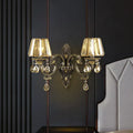 Modern gold crystal teardrop living room wall sconce with ornate design and two crystal-encrusted lampshades