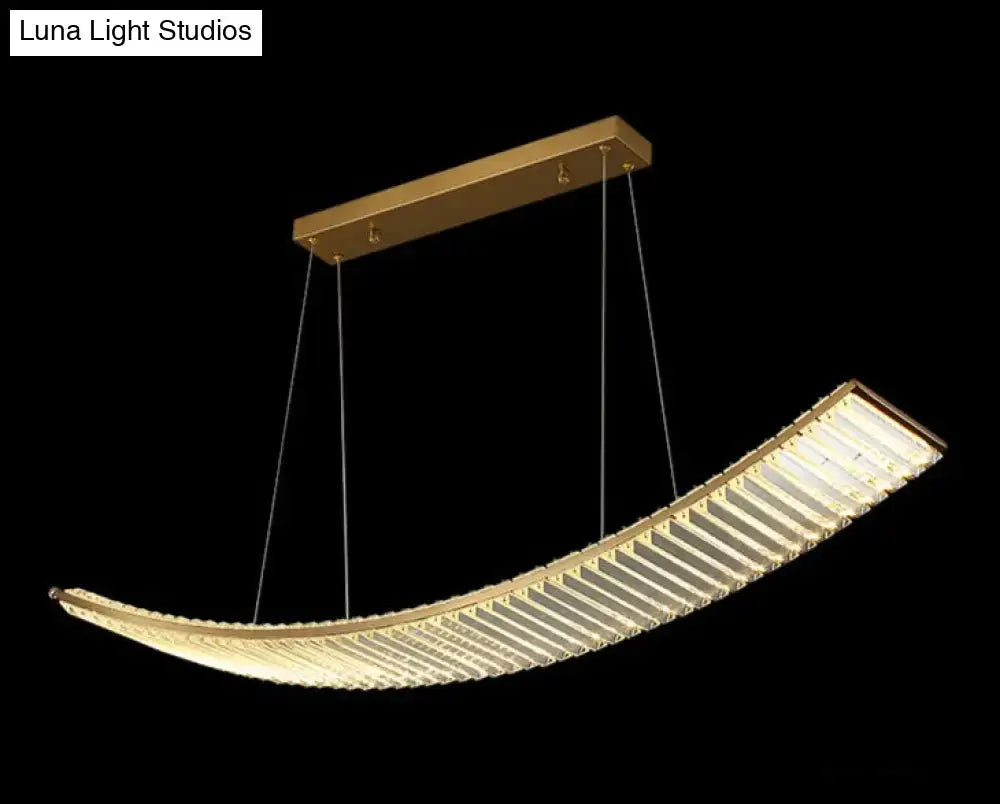 Modern gold curved crystal chandelier with translucent panels as a suspended crystal chandelier for dining room